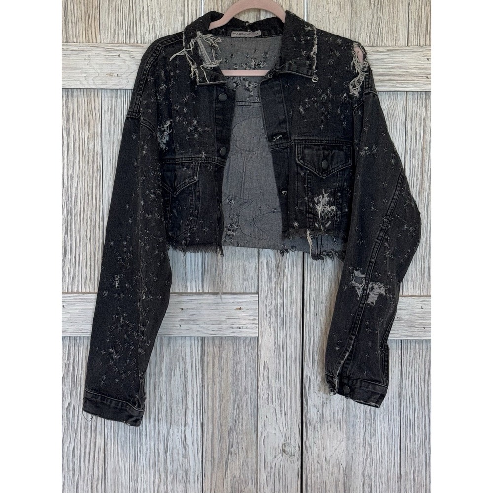Carmar Womens Dark Wash Distressed Jean Denim Black Cropped Jacket dinosaur